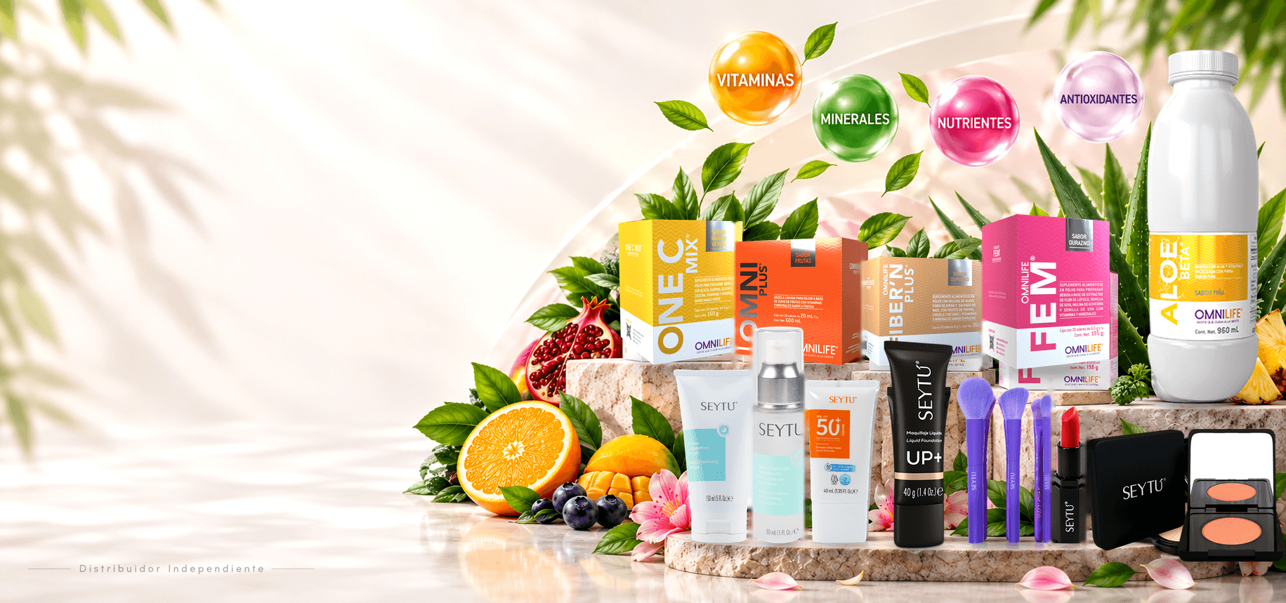 Productos OMNILIFE y SEYTÚ sobre bases de piedra clara, acompañados de frutas, hojas y flores.