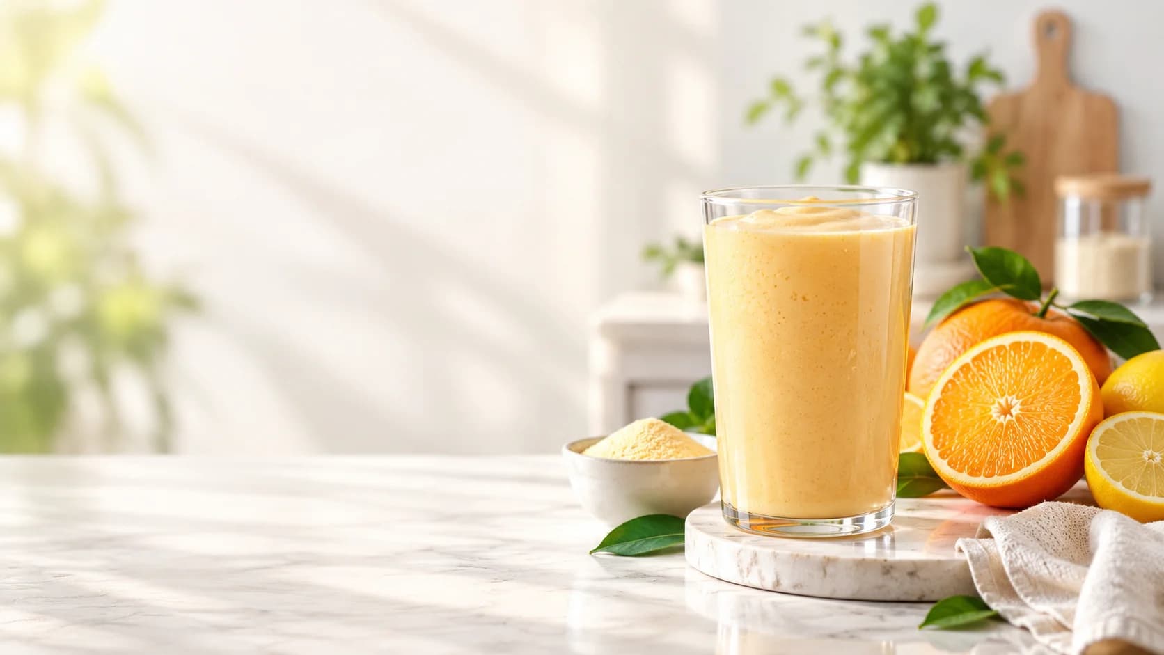 Batido de cítricos NutriStore sobre una mesa de cocina, con espacio para el mensaje de bienvenida