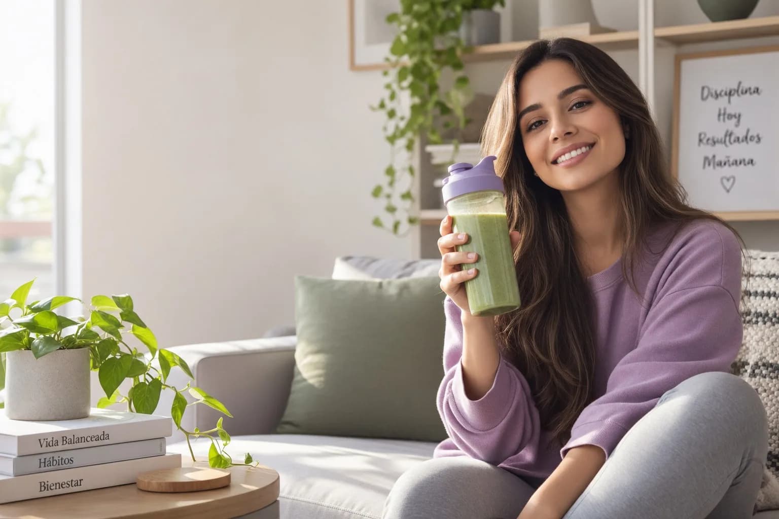 Mujer sonriente con un batido verde Omnilife en su sala